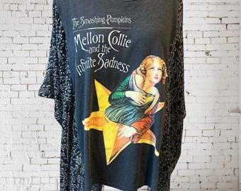 Upcycled Smashing Pumpkins Boho Tunic, Black Floral Scarf Sleeves, 90s Alternative Rock Tee