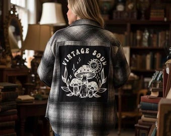 Upcycled Vintage Flannel Shirt, Oversized Plaid Button-Down with Reverse Appliqué Back, Women’s Large