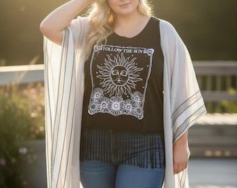 Upcycled Boho Tunic, Black Celestial Graphic Tee, Fringe Scarf Sleeves, Plus Size One Size