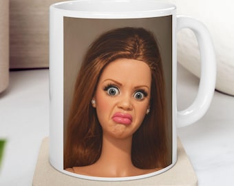 Disgusted Doll Face Reaction Mug, Funny Sarcastic Humor Tea Cup, Meme Mug For Her, Weird Unhinged Novelty Coffee Lover Gift