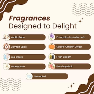 Może przedstawiać: Reklama zapach&oacute;w z tekstem &bdquo;Fragrances Designed to Delight&rdquo;. Obraz zawiera ilustracje r&oacute;żnych zapach&oacute;w, w tym wanilii, komfortowej przyprawy, morskiej bryzy, wiciokrzewu, eukaliptusa lawendowego, korzennego imbiru dyniowego, świeżego balsamu, r&oacute;żowego grejpfruta i bezzapachowego.