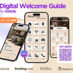 May include: A digital welcome guide for Airbnb, displayed on three smartphones. The screens showcase app-like interfaces with icons for amenities, check-in, and activities. The text includes "Digital Welcome Guide" and "Welcome to Camara Suite."