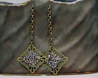 Filigree Earrings w/ Swarovski Crystals - Antique Brass Filigree, Multi Light Gold Crystal Rocks - 3.5" - Hand Crafted Artisan Jewelry