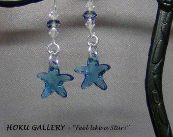 Indicolite Blue Starfish Earrings - Swarovski Crystal Starfish, Sterling Silver Earwires - 2" - Hand Crafted Artisan Jewelry