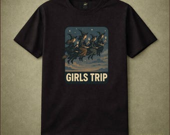 Girls Trip Witches On Broomsticks Shirt Dark Humor Vintage Funny Gift Spooky Halloween Shirt Graphic Tee