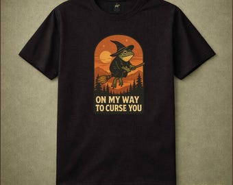 On My Way To Curse You Frog Witch Shirt Funny Witchy Humor Cute Dark Humor Retro Graphic Tee Halloween Gift