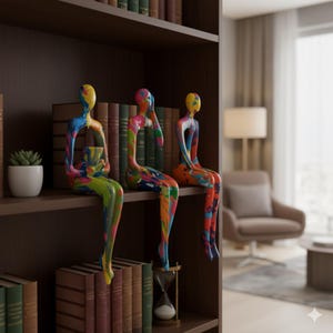 May include: Three abstract sculptures of seated figures with a paint-splatter design. The figures are perched on a bookshelf filled with books. The sculptures feature a vibrant mix of colours, including blue, yellow, green, and orange.