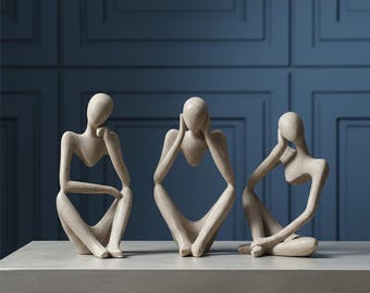 3 Abstract Thinker Resin Sculpture Set - Modern Art Decor