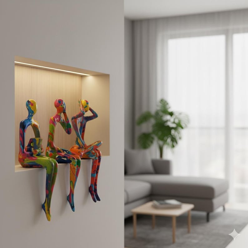 May include: Three abstract sculptures of seated figures, each painted in a vibrant mix of colours. The figures are displayed in a recessed wall niche with warm lighting. The sculptures feature a mix of blue, yellow, red, and green, creating a modern art display.