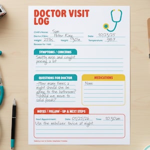 May include: A doctor visit log with a teal stethoscope graphic. The log includes sections for symptoms, questions, and notes. The child's height is 30 inches. Other items on the desk include a toy car, glasses, and a coffee cup.