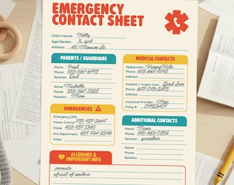 Emergency Contact List for Fridge — When You’re Not Home | Babysitter Medical Info Sheet, Safety Phone Numbers, Family Info PDF
