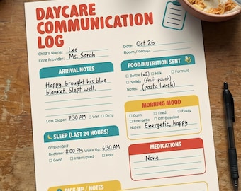 May include: A daycare communication log with handwritten notes, a baby bottle, and a bowl of pasta on a wooden surface. The log includes sections for arrival notes, sleep, food, and medication.
