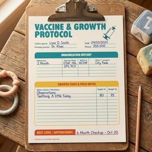 Pode incluir: Uma prancheta com um formulário de "Protocolo de Vacinação e Crescimento". O formulário inclui seções para histórico de imunização, estatísticas de crescimento e detalhes de consultas. Um lápis, brinquedos de bebê e blocos de madeira estão na mesa de madeira.