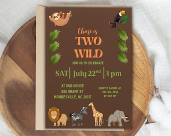 Two Wild Birthday Party Invitation | Editable Safari Party Invite | Printable Jungle Animal Invite Template | INSTANT DOWNLOAD