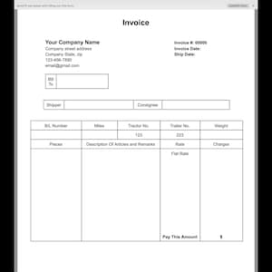 May include: A digital invoice template with the title "Invoice" at the top. The document includes fields for company information, invoice details, and sections for itemized descriptions, rates, and totals. The form is designed for easy data entry.