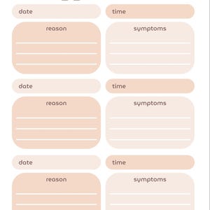 May include: A printable trigger tracker with a white background and peach-colored boxes. The title "trigger tracker" is in a dark purple font. The tracker includes sections for date, time, reason, and symptoms, with lined spaces for writing.