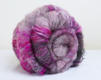 Spinning Merino BFL Wool Silk Sari Alpaca Fiber Batts Hand Dyed 72g 2.5 oz Wild Batt - Cheeky