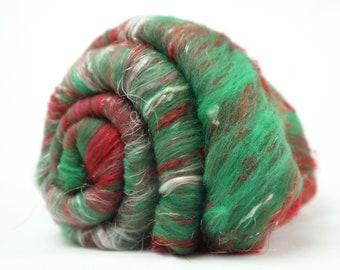 Spinning Superfine Merino Wool Silk Fiber Batts Hand Dyed 74g 2.6 oz OOAK - Snowy Poinsettia