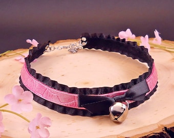Pearl Pink Leather Black Ruffle Bell Collar Necklace/ BDSM Submissive Kawaii DDLG Pet Kitten Puppy Play Lolita Pastel Goth Cosplay Princess