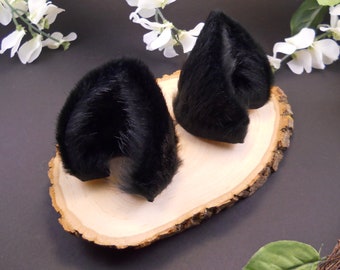 Fluffy Black Cat Ears Fur Leather/ Realistic Cosplay Kitten Pet Play Furry Pastel Goth LARP Fairy Neko Fantasy Witch Magic Halloween Fashion