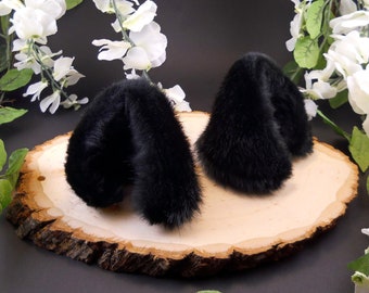 Fluffy Black Wolf Ears Leather/ Realistic Cosplay Kitten Pet Play Furry Pastel Goth LARP Fairy Neko Fantasy Witch Magic Halloween Fashion