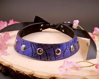 Shimmering Blue on Black with Silver Studs Leather Collar Choker Necklace Goth Punk Cosplay Rocker Fashion Wear