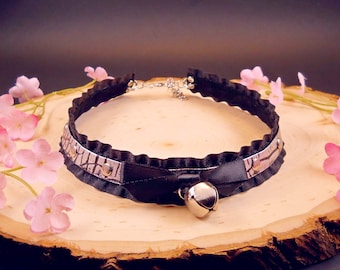 Silver Black Leather Ruffle Bell Collar Necklace/ BDSM Submissive Kawaii DDLG Pet Kitten Puppy Play Lolita Goth Cosplay Princess Neko Maid