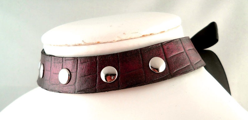 Shimmering Black Cherry with Silver Studs Leather Collar Choker Necklace Goth Punk Cosplay Rocker Fashion Wear image 5