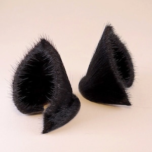 Black Cat Ears Leather Fur Sleek Realistic Cosplay Kitten Pet Play Furry Goth LARP Fairy Neko Headband