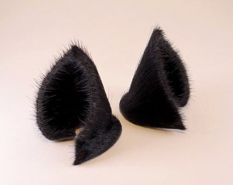 Black Cat Ears Leather Fur Sleek Realistic Cosplay Kitten Pet Play Furry Goth LARP Fairy Neko Headband