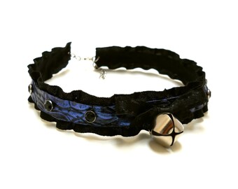 Midnight Blue Leather Black Ruffle Bell Collar Choker Necklace/ BDSM Submissive Kawaii DDLG Pet Kitten Puppy Play Lolita Goth Cosplay