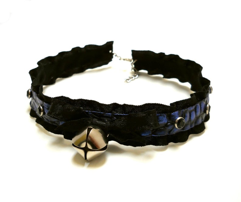 Midnight Blue Leather Black Ruffle Bell Collar Choker Necklace/ BDSM Submissive Kawaii DDLG Pet Kitten Puppy Play Lolita Goth Cosplay image 2