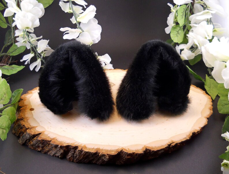 Fluffy Black Wolf Ears Leather/ Realistic Cosplay Kitten Pet Play Furry Pastel Goth LARP Fairy Neko Fantasy Witch Magic Halloween Fashion image 2