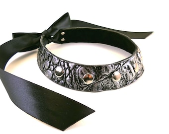 Silver on Black Leather with Silver Studs Collar Choker Necklace Goth Punk Cosplay Rocker Fashion Wear