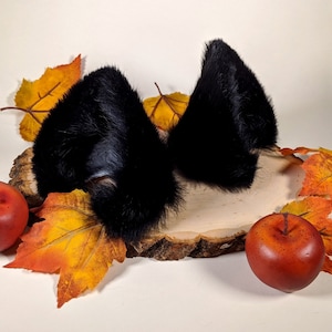 Huge Fluffy Black Cat Ears Leather Fur Cosplay Kitten Pet Play Furry Goth LARP  Neko Headband
