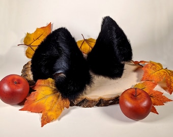 Huge Fluffy Black Cat Ears Leather Fur Cosplay Kitten Pet Play Furry Goth LARP  Neko Headband