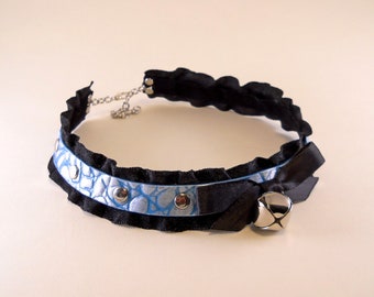 Pearl Blue Leather Black Ruffle Bell Collar Necklace/ BDSM Submissive Kawaii DDLG Pet Kitten Puppy Play Lolita Pastel Goth Cosplay Neko Maid