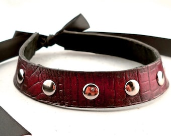 Shimmering Black Cherry with Silver Studs Leather Collar Choker Necklace Goth Punk Cosplay Rocker Fashion Wear