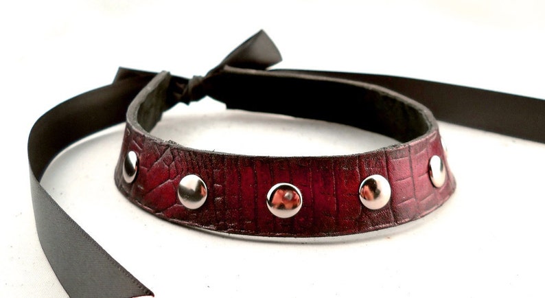 Shimmering Black Cherry with Silver Studs Leather Collar Choker Necklace Goth Punk Cosplay Rocker Fashion Wear image 1