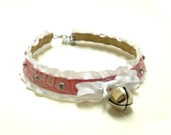 Pearl Pink Leather White Ruffle Bell Collar Necklace/ BDSM Submissive Kawaii DDLG Pet Kitten Puppy Play Lolita Goth Cosplay Princess Neko