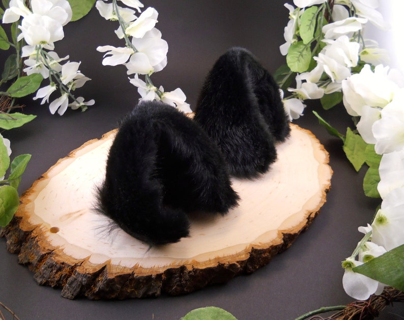 Fluffy Black Wolf Ears Leather/ Realistic Cosplay Kitten Pet Play Furry Pastel Goth LARP Fairy Neko Fantasy Witch Magic Halloween Fashion image 3