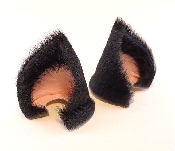 Sleek Black Fur Leather Cat Ears Nekomimi Cosplay Kitten Furry
