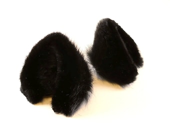 Black Cat Ears Fluffy Fur Leather Realistic Cosplay Kitten Pet Play Furry Goth LARP Fairy Neko Fantasy Headband