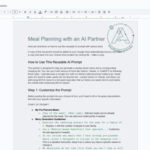 May include: A document titled "Meal Planning with an AI Partner" is displayed on a computer screen. The document includes instructions on how to use a reusable AI prompt for meal planning, with sections on customization and menu generation.