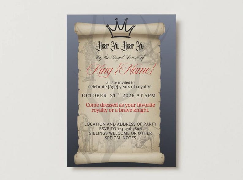 Kings Invitation Sign Editable King & Knight Birthday Invitation | Canva Template | Clear ...
