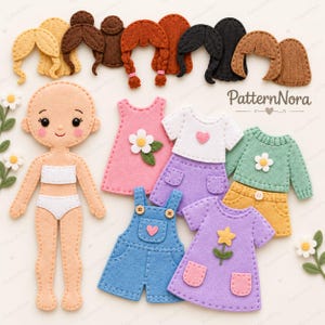 May include: A felt doll set featuring a beige doll with a white undergarment, various felt hairpieces in brown, black, and blonde, and several outfits including a pink dress, a white top with purple skirt, a green sweater, and blue overalls.