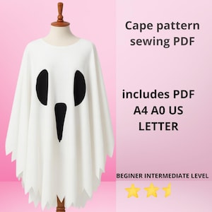Puede incluir: Patrón de costura PDF de capa de fantasma blanca. La capa presenta un diseño de cara de fantasma con formas negras para los ojos y la boca. El texto incluye "includes PDF A4 A0 US LETTER" y "BEGINNER INTERMEDIATE LEVEL".