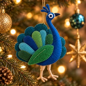 May include: A felt peacock ornament featuring a vibrant blue neck and head with a white and black eye detail. The tail consists of layered, scalloped felt feathers in shades of blue and green. The bird has light beige legs and a gold hanging cord.
