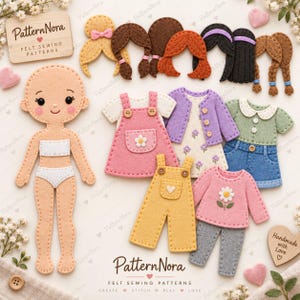 May include: A felt doll with a peach-coloured body, white undergarments, and various interchangeable felt outfits including a pink pinafore, purple cardigan, green shirt, blue skirt, yellow overalls, and pink sweater, plus several felt hair pieces.