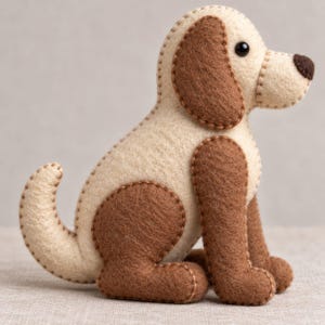 Puede incluir: Una figura de perro de fieltro hecha a mano en posición sentada, con un cuerpo de color crema y manchas marrones en las orejas, la espalda y las patas. El juguete de peluche tiene costuras marrones visibles, un ojo de cuenta negra y nariz marrón.